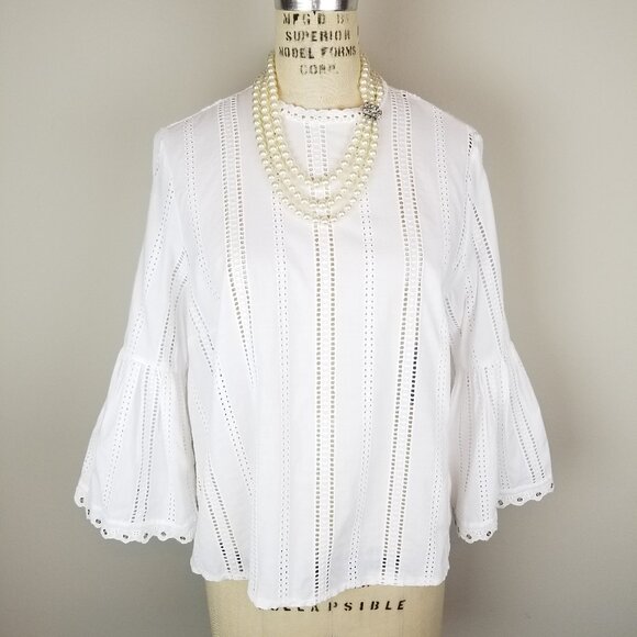 H&M White Eyelet 100% Cotton Blouse Bell Sleeves Grommet Detail Size 8 - Picture 1 of 7